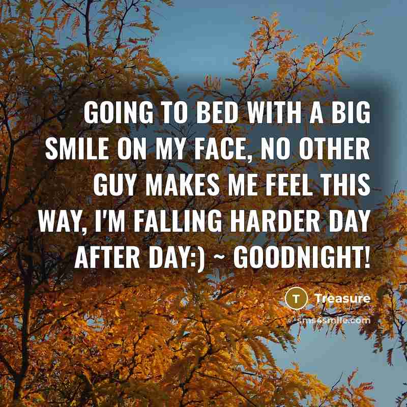 “Going to bed with a big smile on my face, no other guy makes me feel this way, I'm falling harder day after day:) ~ Goodnight!” quote by Treasure