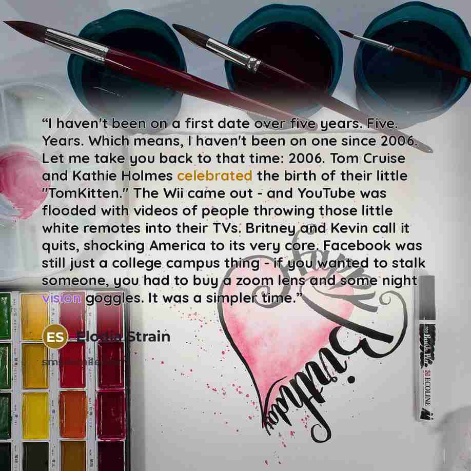 “I haven't been on a first date over five years. Five. Years. Which means, I haven't been on one since 2006. Let me take you back to that time: 2006. Tom Cruise and Kathie Holmes celebrated the birth of their little "TomKitten." The Wii came out - and YouTube was flooded with videos of people…” quote by Elodia Strain