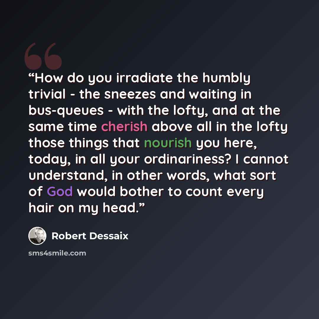 “How do you irradiate the humbly trivial - the sneezes and waiting in bus-queues - with the lofty, and at the same time cherish above all in the lofty those things that nourish you here, today, in all your ordinariness? I cannot understand, in other words, what sort of God would bother to count…” quote by Robert Dessaix