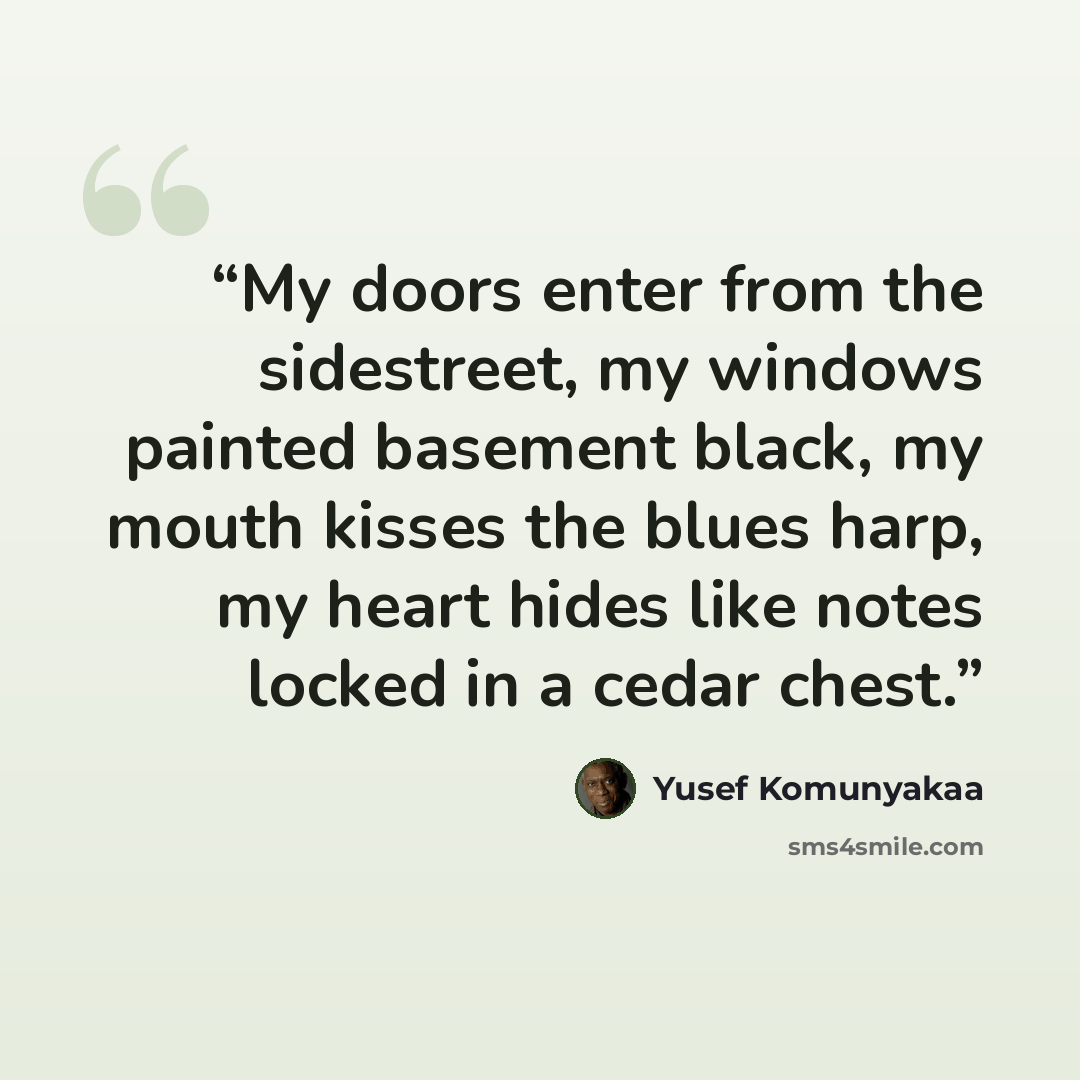 “My doors enter from the sidestreet, my windows painted basement black, my mouth kisses the blues harp, my heart hides like notes locked in a cedar chest.” quote by Yusef Komunyakaa