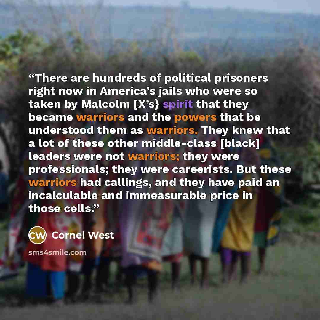 “There are hundreds of political prisoners right now in America’s jails who were so taken by Malcolm [X’s} spirit that they became warriors and the powers that be understood them as warriors. They knew that a lot of these other middle-class [black] leaders were not warriors; they were…” quote by Cornel West