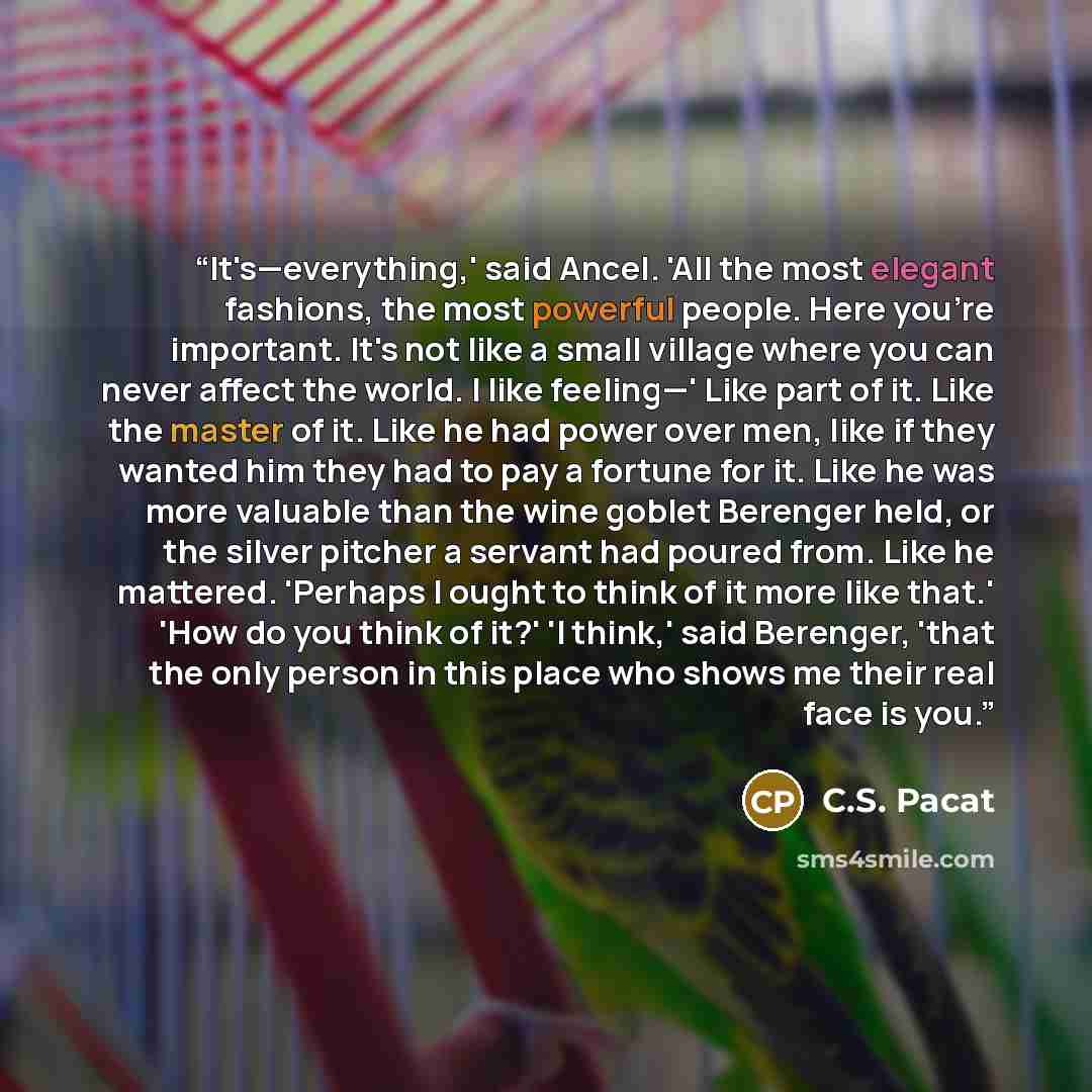 “It's—everything,' said Ancel. 'All the most elegant fashions, the most powerful people. Here you're important. It's not like a small village where you can never affect the world. I like feeling—' Like part of it. Like the master of it. Like he had power over men, like if they wanted him they had…” quote by C.S. Pacat
