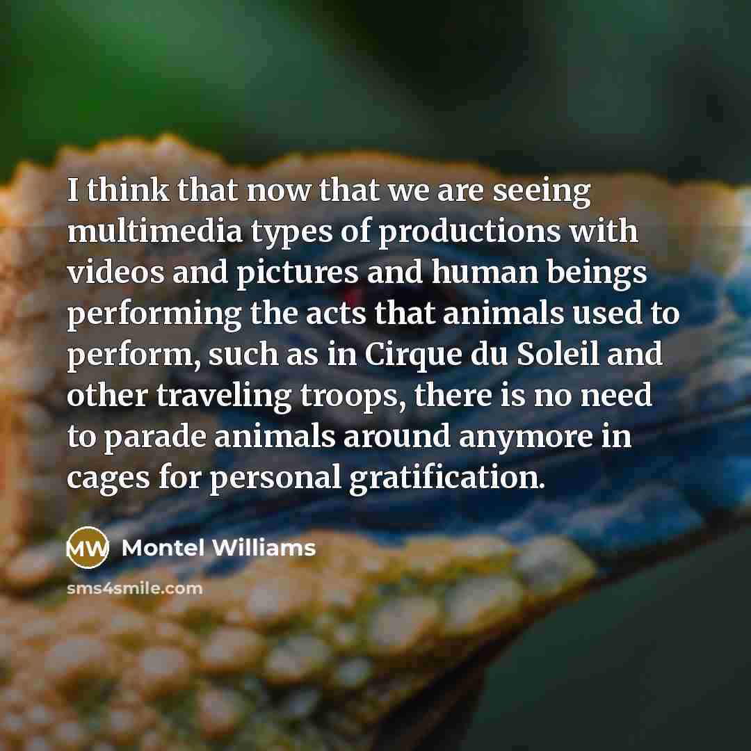 “I think that now that we are seeing multimedia types of productions with videos and pictures and human beings performing the acts that animals used to perform, such as in Cirque du Soleil and other traveling troops, there is no need to parade animals around anymore in cages for personal…” quote by Montel Williams