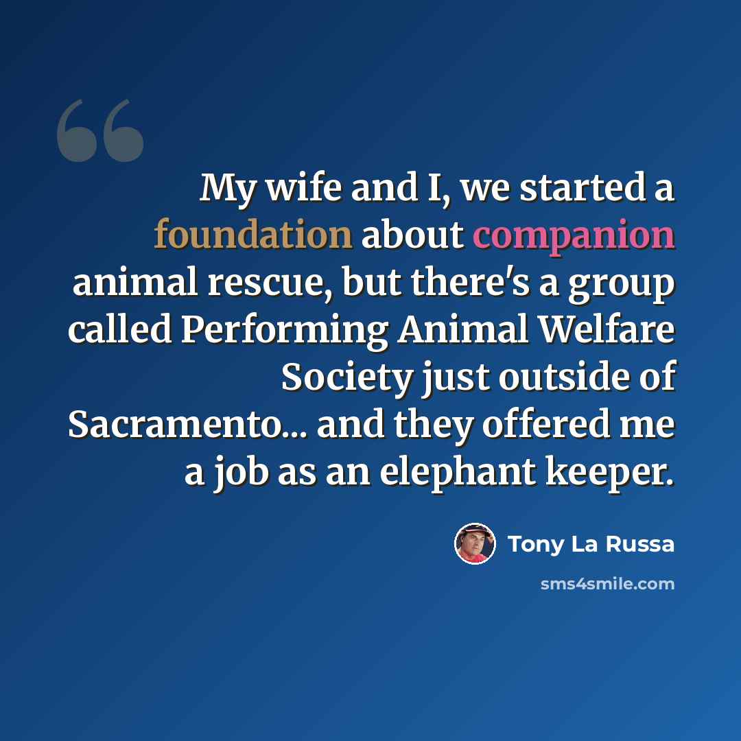 “My wife and I, we started a foundation about companion animal rescue, but there's a group called Performing Animal Welfare Society just outside of Sacramento... and they offered me a job as an elephant keeper.” quote by Tony La Russa