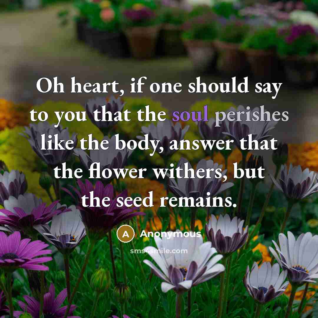 “Oh heart, if one should say to you that the soul perishes like the body, answer that the flower withers, but the seed remains.” quote by Anonymous