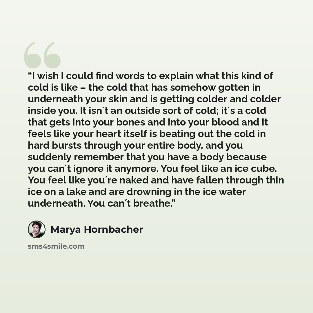 “I wish I could find words to explain what this kind of cold is like – the cold that has somehow gotten in underneath your skin and is getting colder and colder inside you. It isn´t an outside sort of cold; it´s a cold that gets into your bones and into your blood and it feels like your heart…” quote by Marya Hornbacher