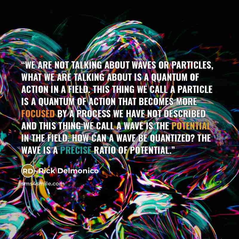 “We are not talking about waves or particles, what we are talking about is a quantum of action in a field. This thing we call a particle is a quantum of action that becomes more focused by a process we have not described and this thing we call a wave is the potential in the field. How can a wave be…” quote by Rick Delmonico