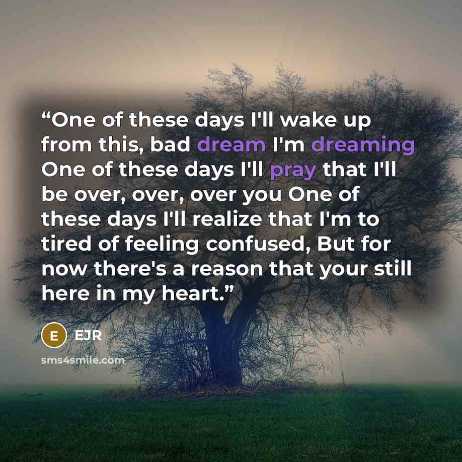 “One of these days I'll wake up from this, bad dream I'm dreaming One of these days I'll pray that I'll be over, over, over you One of these days I'll realize that I'm to tired of feeling confused, But for now there's a reason that your still here in my heart.” quote by EJR