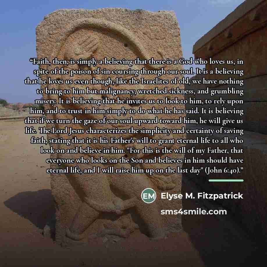 “Faith, then, is simply a believing that there is a God who loves us, in spite of the poison of sin coursing through our soul. It is a believing that he loves us even though, like the Israelites of old, we have nothing to bring to him but malignancy, wretched sickness, and grumbling misery. It is…” quote by Elyse M. Fitzpatrick