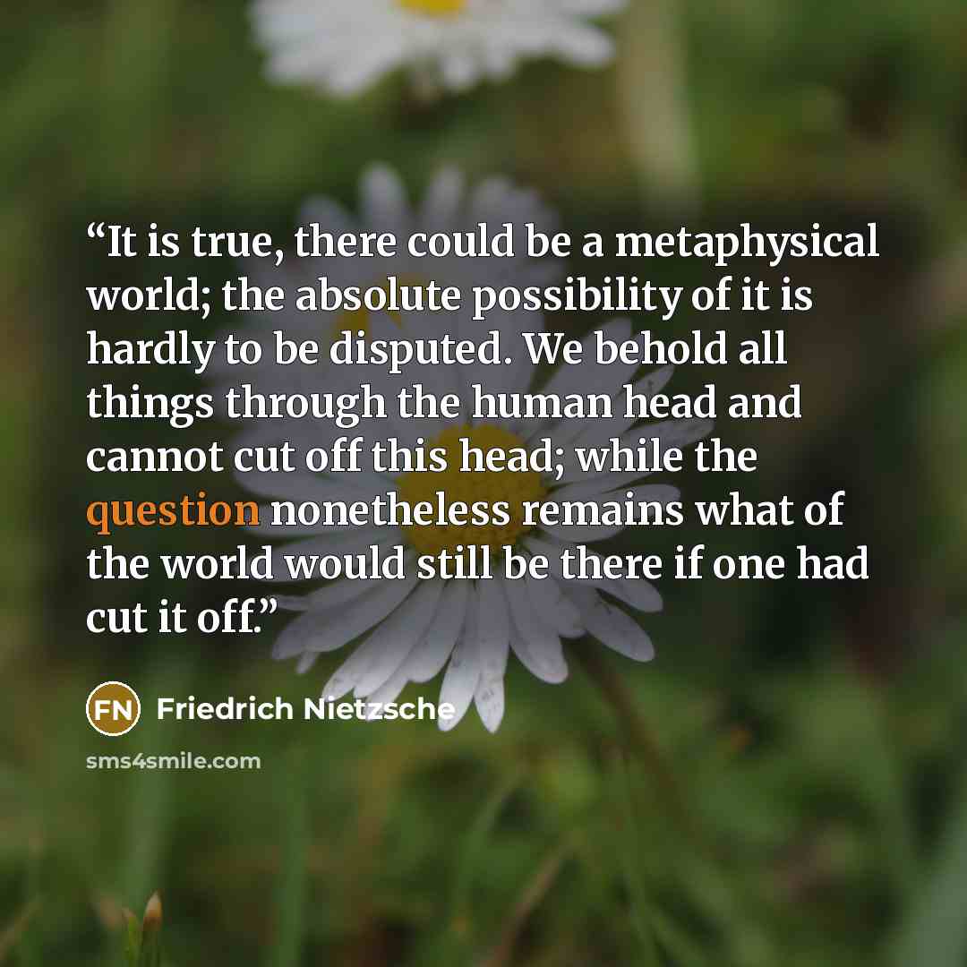 “It is true, there could be a metaphysical world; the absolute possibility of it is hardly to be disputed. We behold all things through the human head and cannot cut off this head; while the question nonetheless remains what of the world would still be there if one had cut it off.” quote by Friedrich Nietzsche