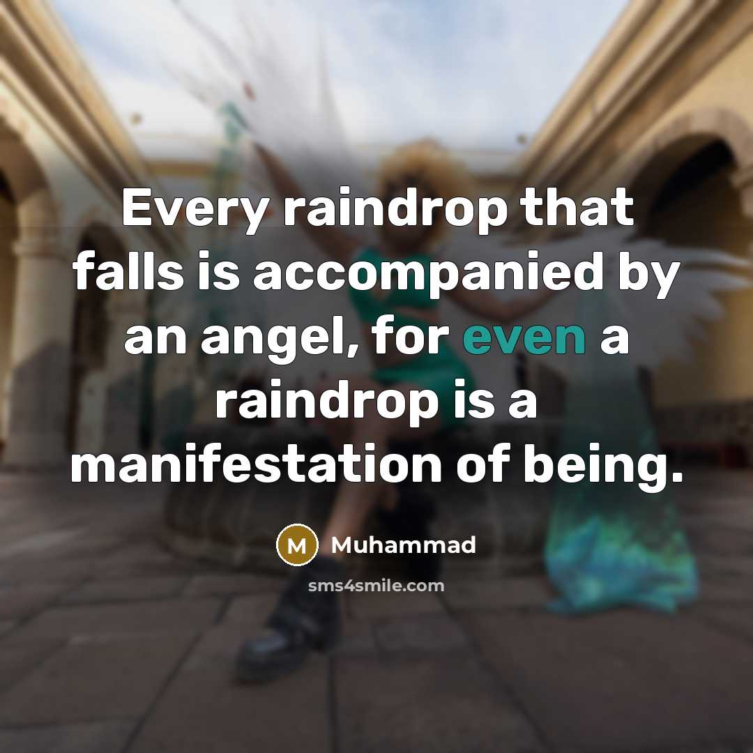 “Every raindrop that falls is accompanied by an angel, for even a raindrop is a manifestation of being.” quote by Muhammad