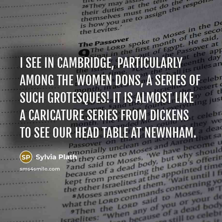 “I see in Cambridge, particularly among the women dons, a series of such grotesques! It is almost like a caricature series from Dickens to see our head table at Newnham.” quote by Sylvia Plath