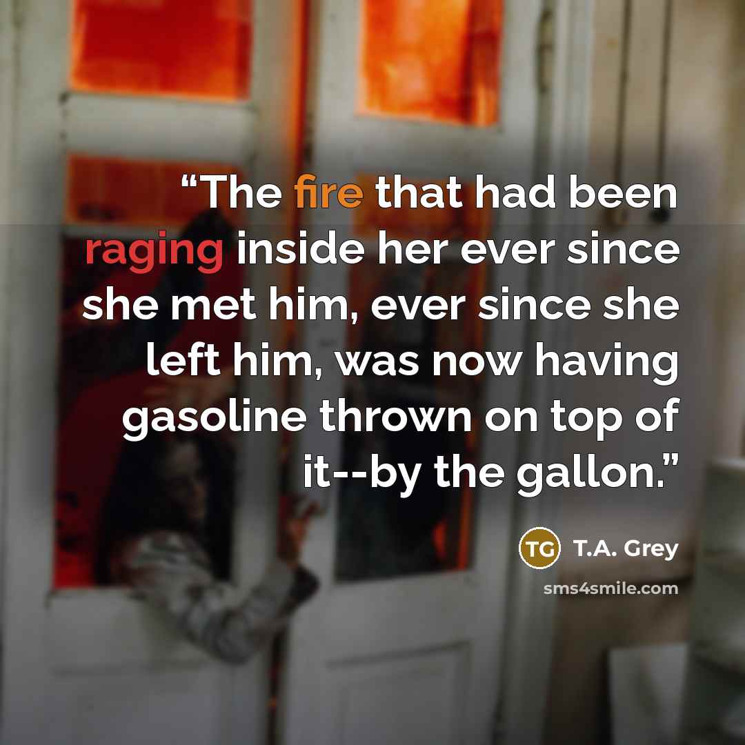 “The fire that had been raging inside her ever since she met him, ever since she left him, was now having gasoline thrown on top of it--by the gallon.” quote by T.A. Grey