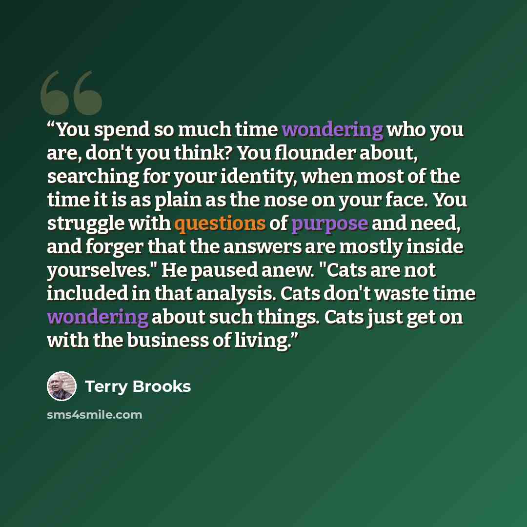 “You spend so much time wondering who you are, don't you think? You flounder about, searching for your identity, when most of the time it is as plain as the nose on your face. You struggle with questions of purpose and need, and forger that the answers are mostly inside yourselves." He paused anew…” quote by Terry Brooks