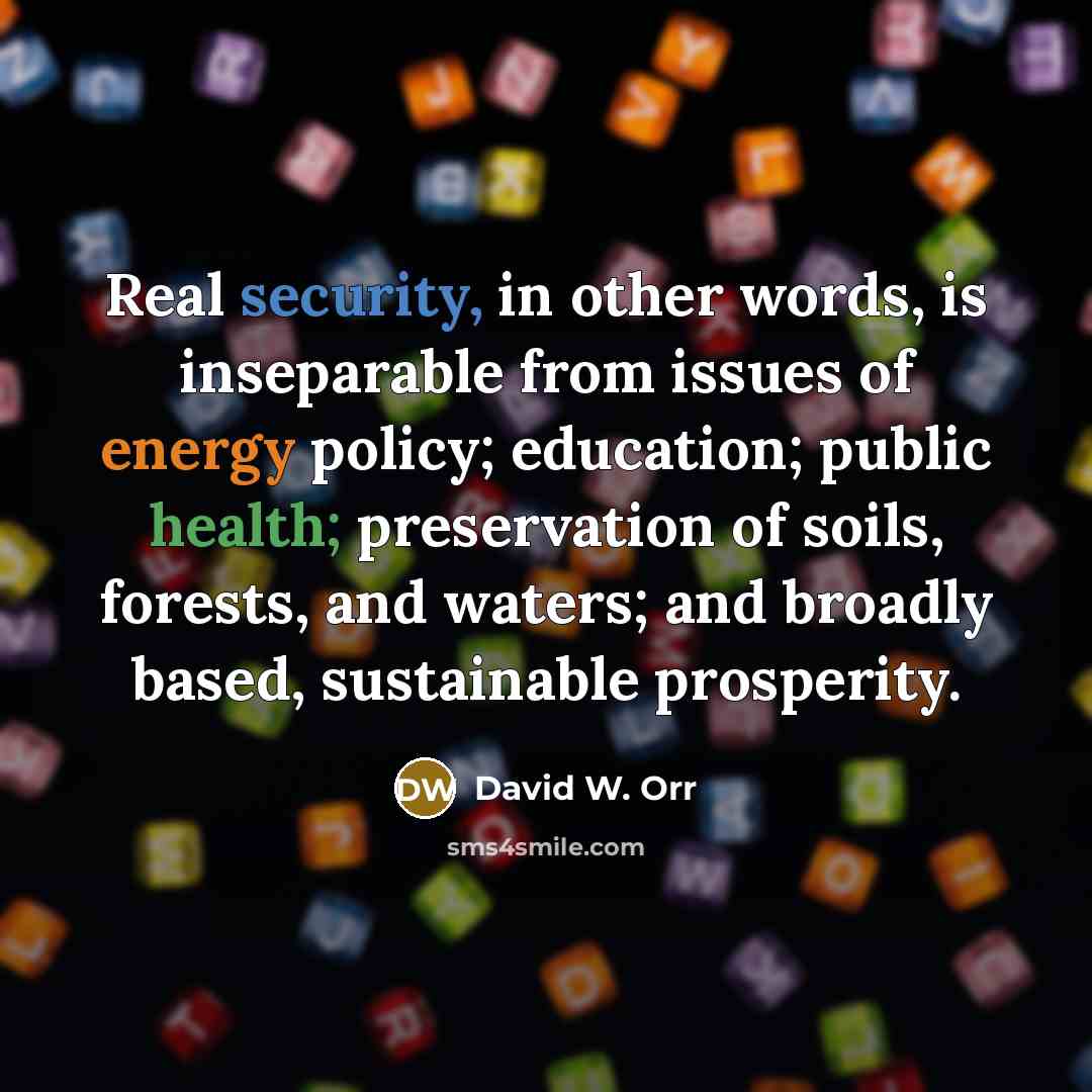“Real security, in other words, is inseparable from issues of energy policy; education; public health; preservation of soils, forests, and waters; and broadly based, sustainable prosperity.” quote by David W. Orr