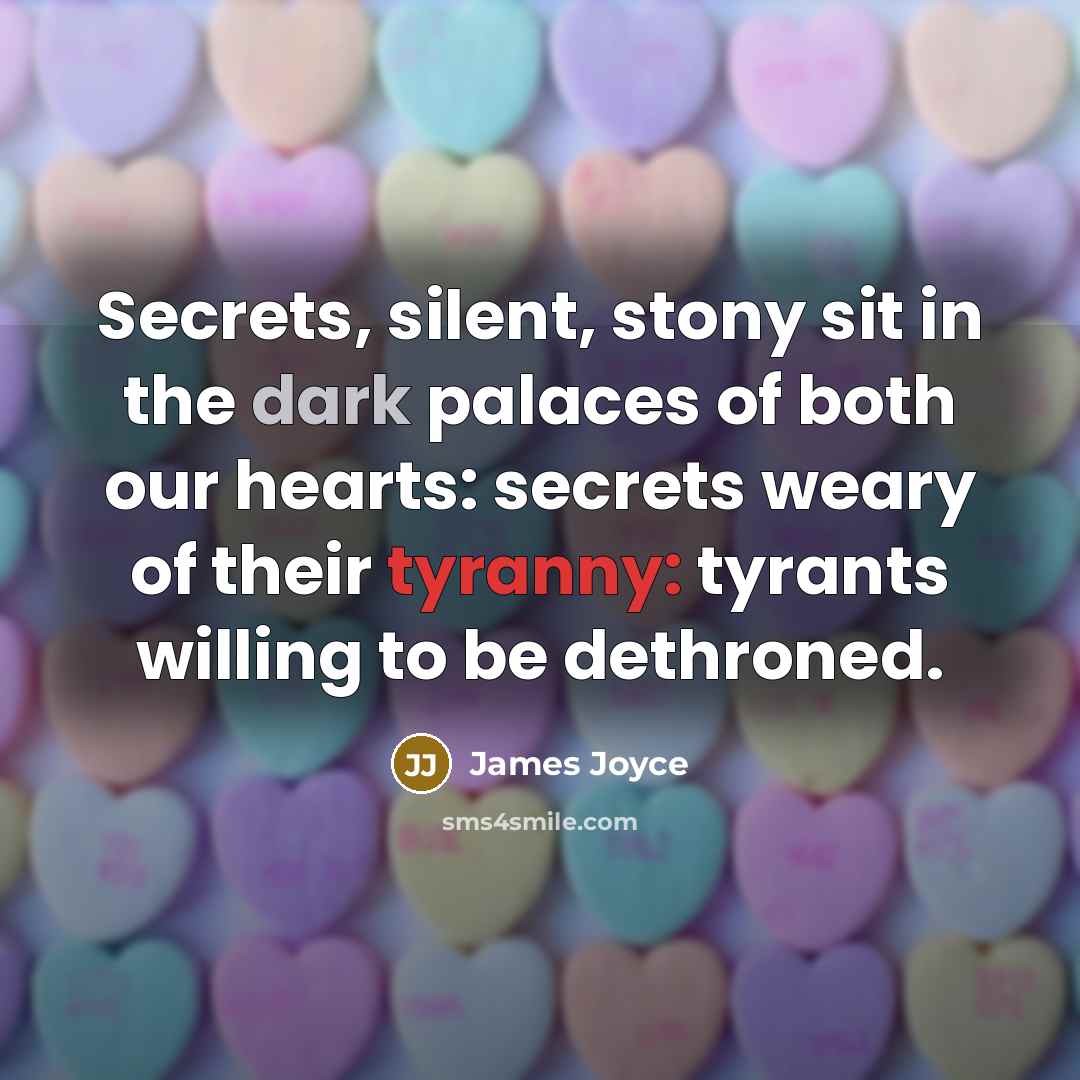 “Secrets, silent, stony sit in the dark palaces of both our hearts: secrets weary of their tyranny: tyrants willing to be dethroned.” quote by James Joyce