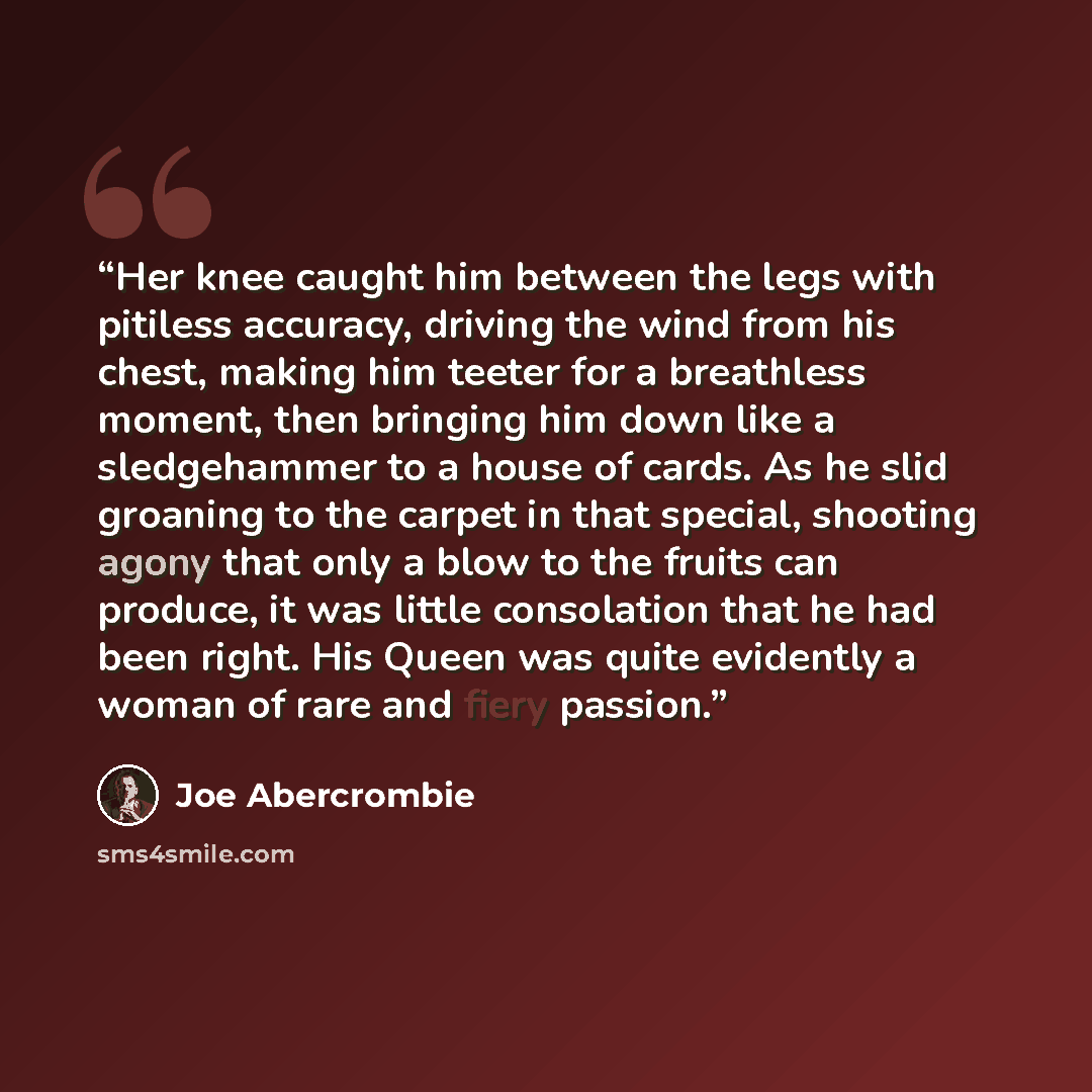 “Her knee caught him between the legs with pitiless accuracy, driving the wind from his chest, making him teeter for a breathless moment, then bringing him down like a sledgehammer to a house of cards. As he slid groaning to the carpet in that special, shooting agony that only a blow to the fruits…” quote by Joe Abercrombie