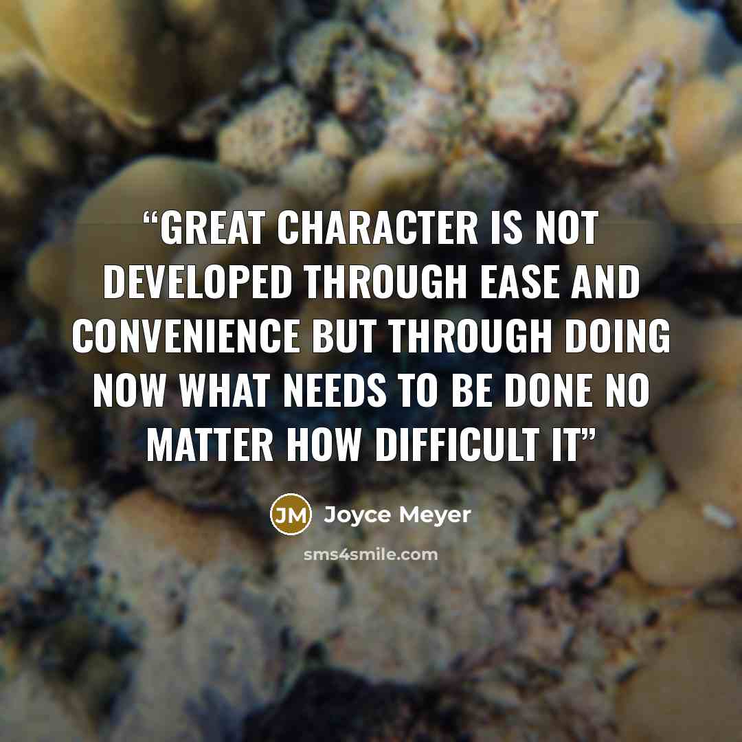 “Great character is not developed through ease and convenience but through doing NOW what needs to be done no matter how difficult it” quote by Joyce Meyer