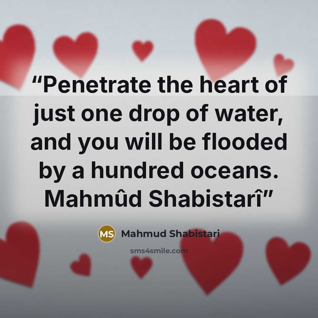 “Penetrate the heart of just one drop of water, and you will be flooded by a hundred oceans. Mahmûd Shabistarî” quote by Mahmud Shabistari