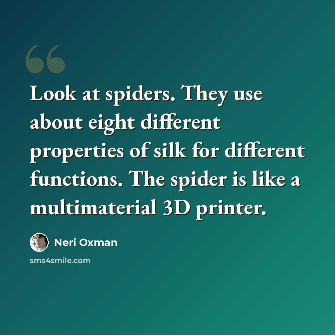 “Look at spiders. They use about eight different properties of silk for different functions. The spider is like a multimaterial 3D printer.” quote by Neri Oxman