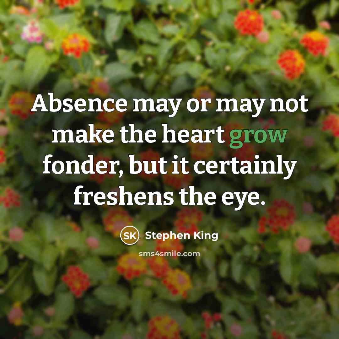 “Absence may or may not make the heart grow fonder, but it certainly freshens the eye.” quote by Stephen King