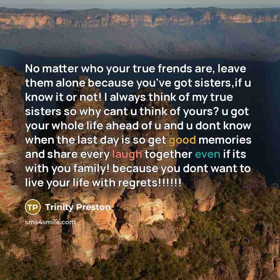 “No matter who your true frends are, leave them alone because you've got sisters,if u know it or not! I always think of my true sisters so why cant u think of yours? u got your whole life ahead of u and u dont know when the last day is so get good memories and share every laugh together even if its…” quote by Trinity Preston