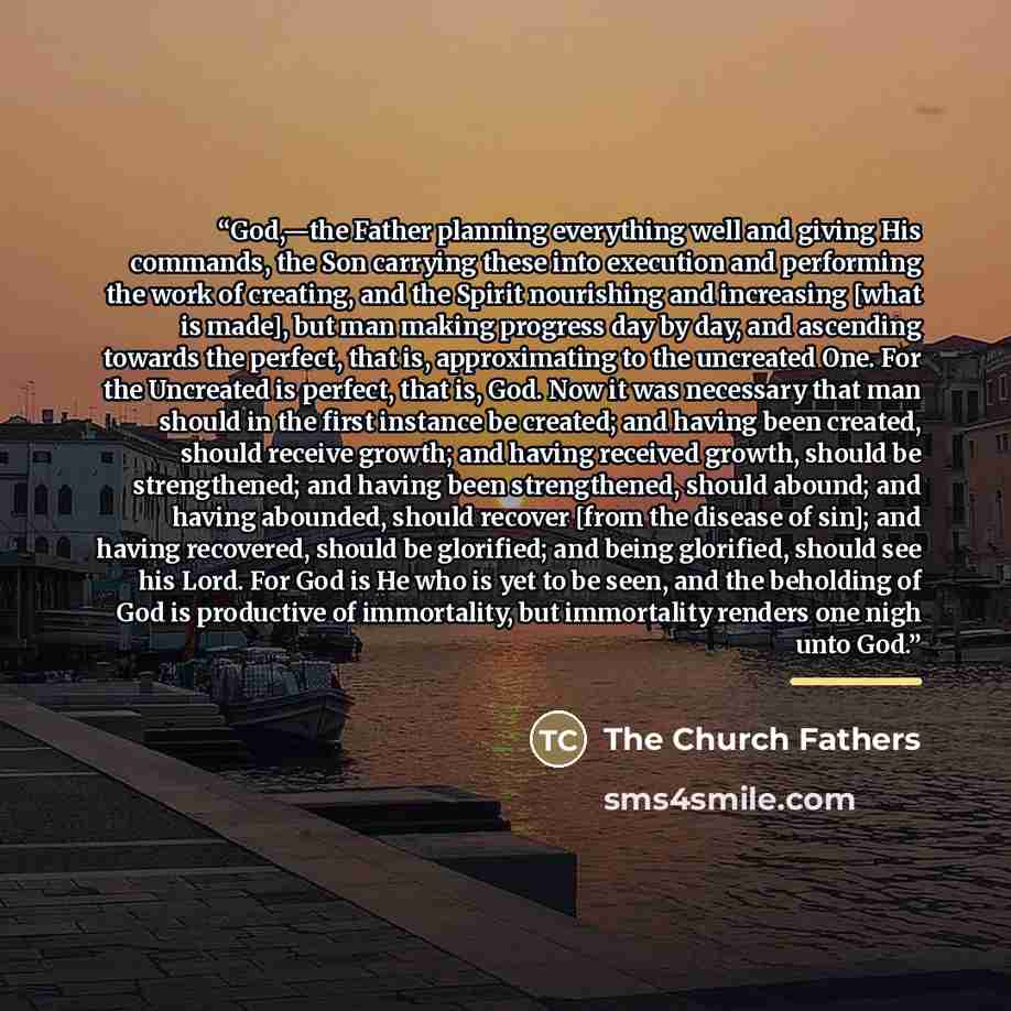 “God,—the Father planning everything well and giving His commands, the Son carrying these into execution and performing the work of creating, and the Spirit nourishing and increasing [what is made], but man making progress day by day, and ascending towards the perfect, that is, approximating to the…” quote by The Church Fathers