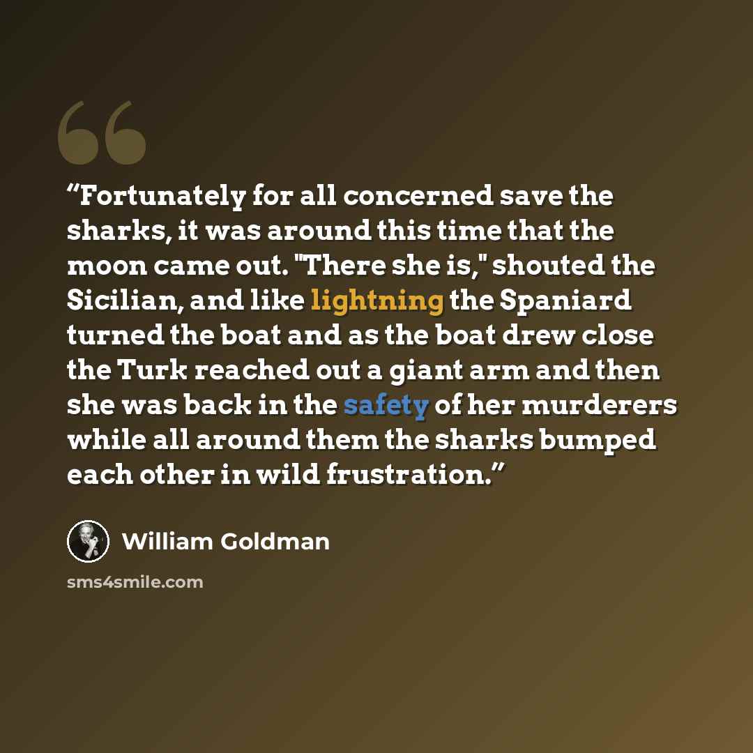 “Fortunately for all concerned save the sharks, it was around this time that the moon came out. "There she is," shouted the Sicilian, and like lightning the Spaniard turned the boat and as the boat drew close the Turk reached out a giant arm and then she was back in the safety of her murderers…” quote by William Goldman