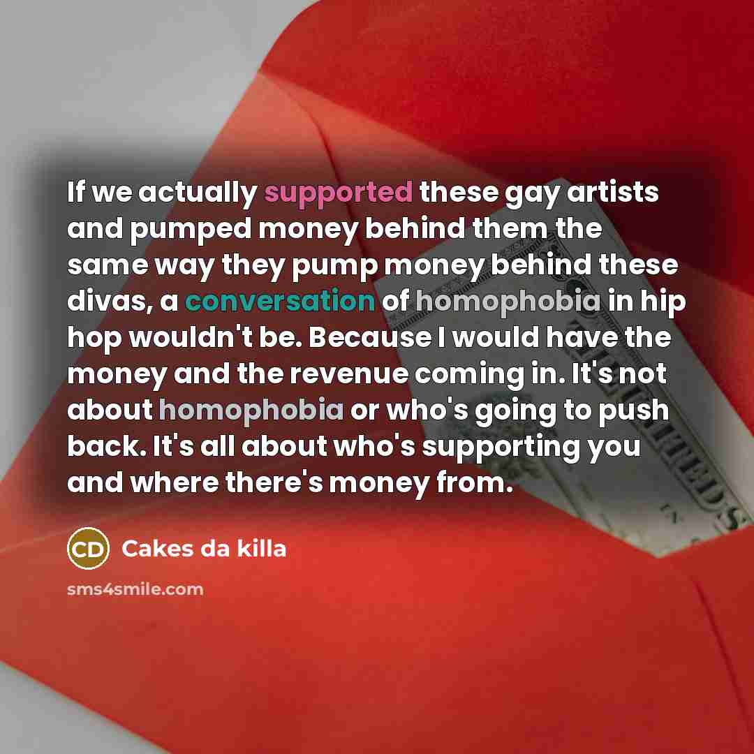 “If we actually supported these gay artists and pumped money behind them the same way they pump money behind these divas, a conversation of homophobia in hip hop wouldn't be. Because I would have the money and the revenue coming in. It's not about homophobia or who's going to push back. It's all…” quote by Cakes da killa