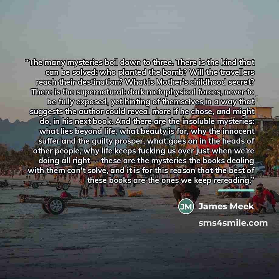 “The many mysteries boil down to three. There is the kind that can be solved: who planted the bomb? Will the travellers reach their destination? What is Mother's childhood secret? There is the supernatural: dark metaphysical forces, never to be fully exposed, yet hinting of themselves in a way that…” quote by James Meek