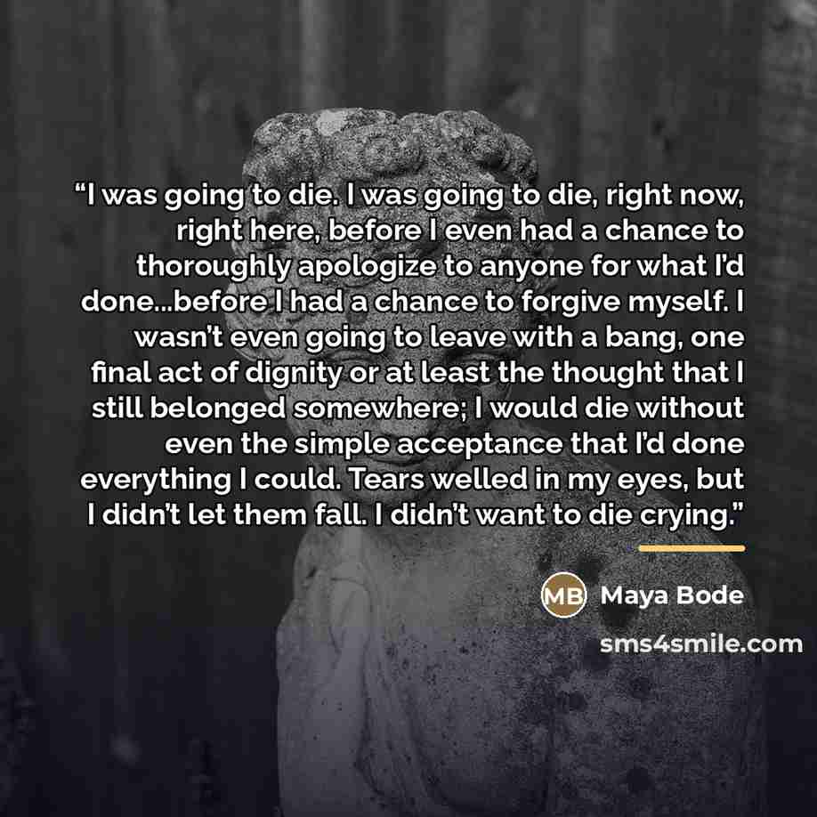 “I was going to die. I was going to die, right now, right here, before I even had a chance to thoroughly apologize to anyone for what I’d done...before I had a chance to forgive myself. I wasn’t even going to leave with a bang, one final act of dignity or at least the thought that I still belonged…” quote by Maya Bode