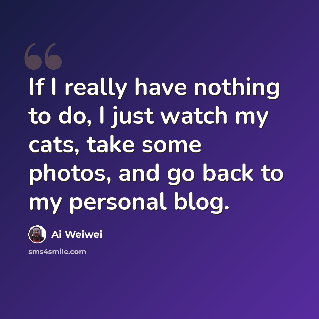 “If I really have nothing to do, I just watch my cats, take some photos, and go back to my personal blog.” quote by Ai Weiwei