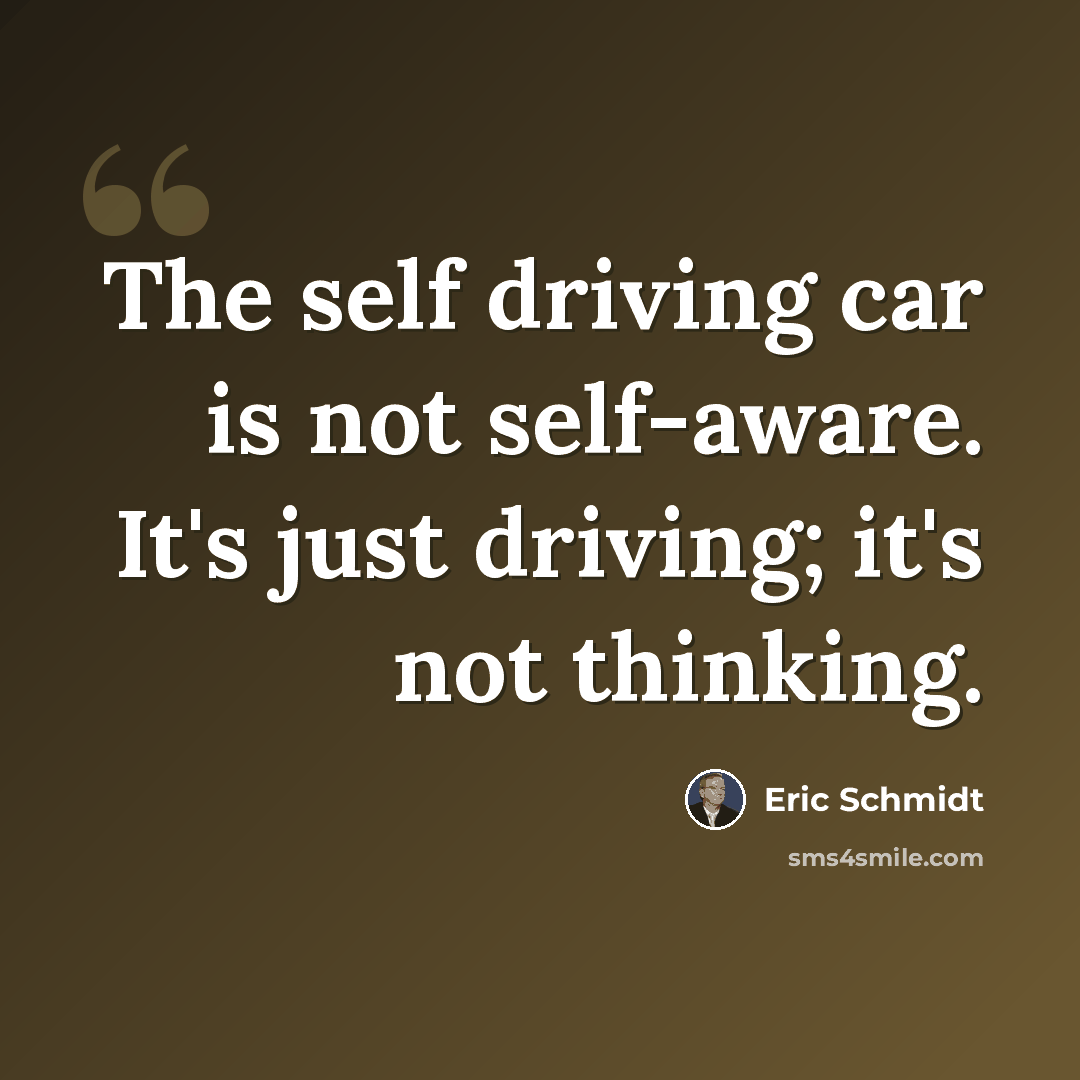 “The self driving car is not self-aware. It's just driving; it's not thinking.” quote by Eric Schmidt