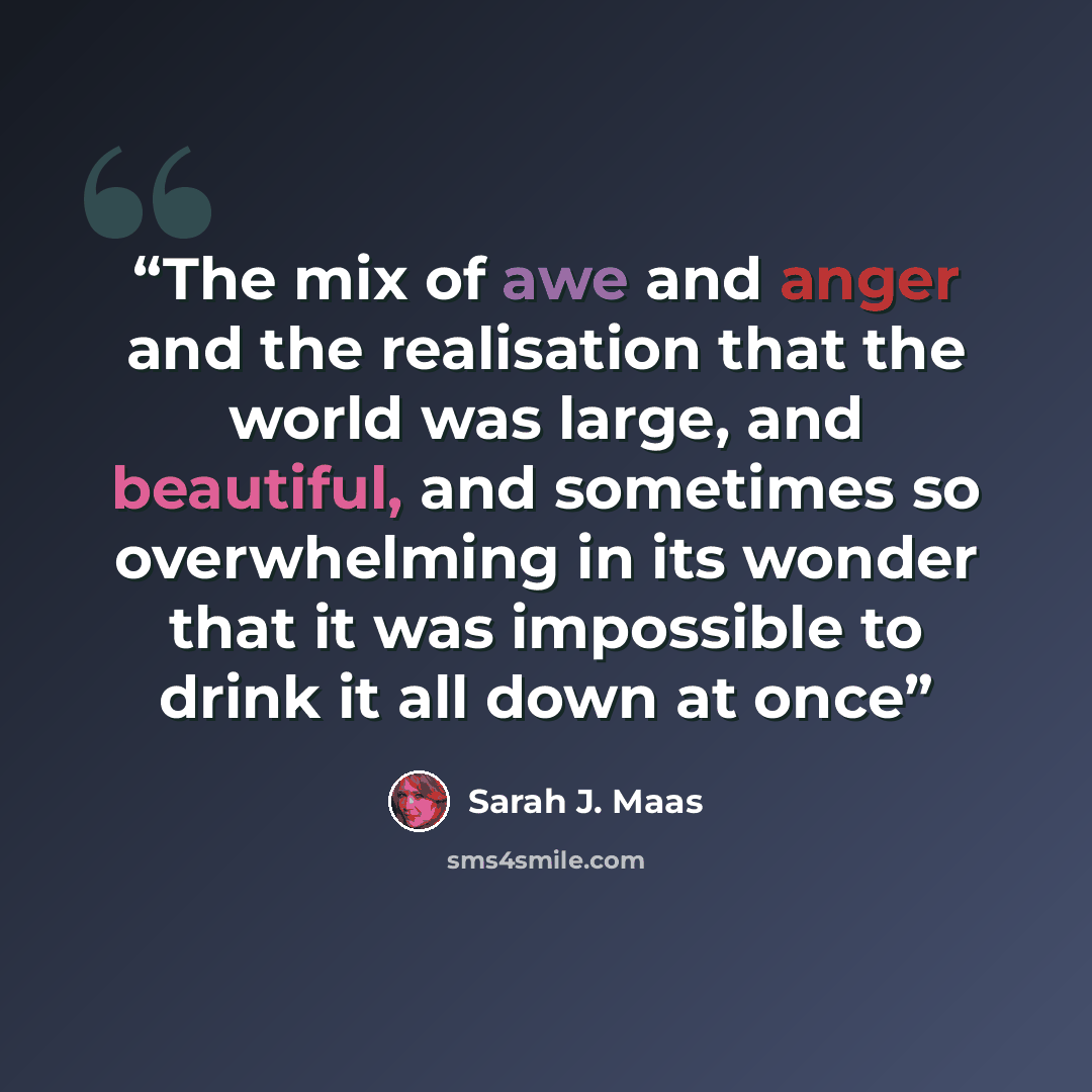 “The mix of awe and anger and the realisation that the world was large, and beautiful, and sometimes so overwhelming in its wonder that it was impossible to drink it all down at once” quote by Sarah J. Maas