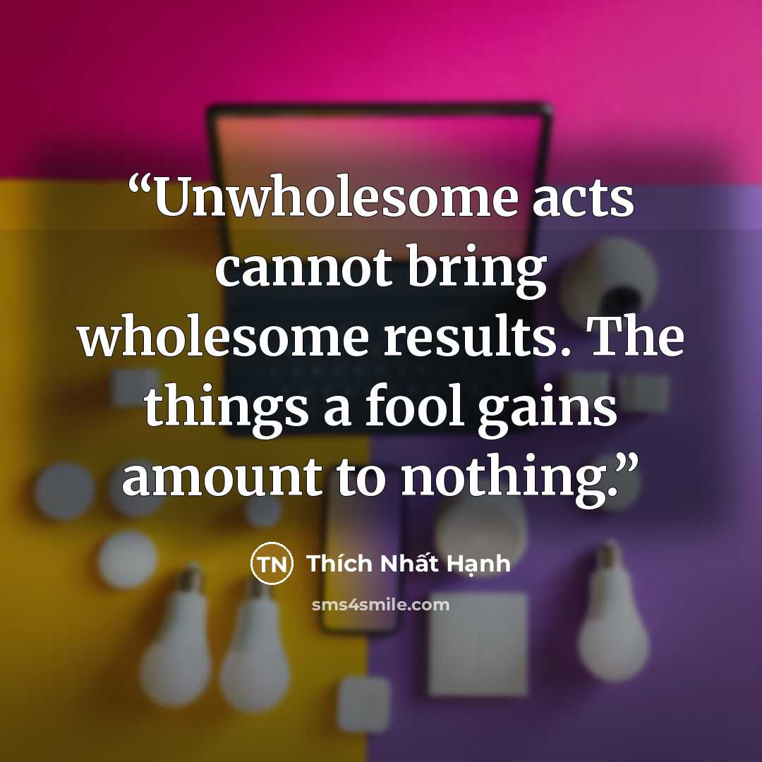 “Unwholesome acts cannot bring wholesome results. The things a fool gains amount to nothing.” quote by Thích Nhất Hạnh