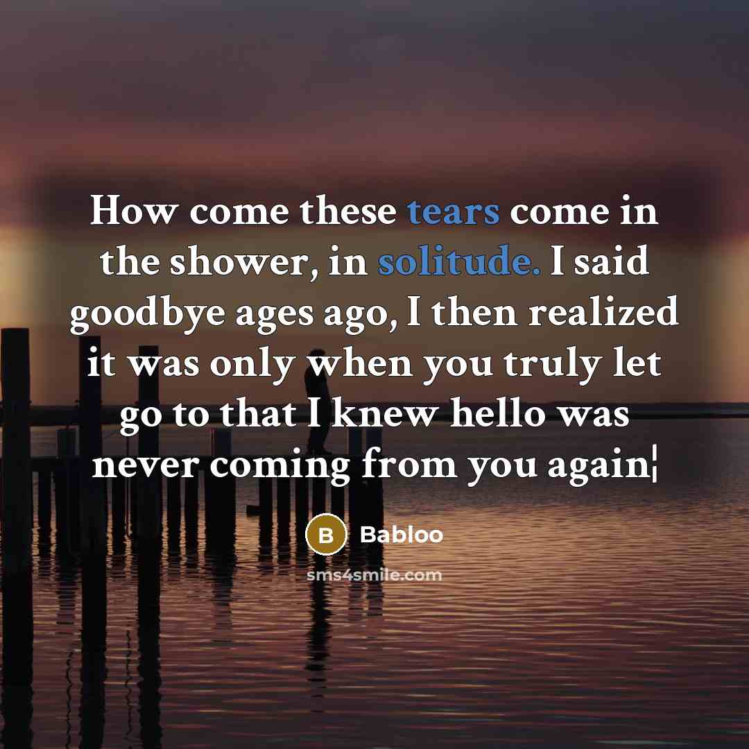 “How come these tears come in the shower, in solitude. I said goodbye ages ago, I then realized it was only when you truly let go to that I knew hello was never coming from you again¦” quote by Babloo