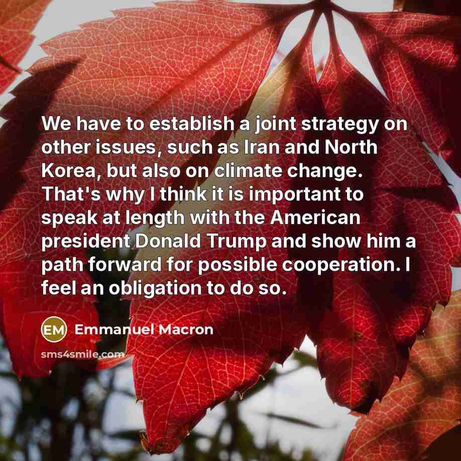 “We have to establish a joint strategy on other issues, such as Iran and North Korea, but also on climate change. That's why I think it is important to speak at length with the American president Donald Trump and show him a path forward for possible cooperation. I feel an obligation to do so.” quote by Emmanuel Macron