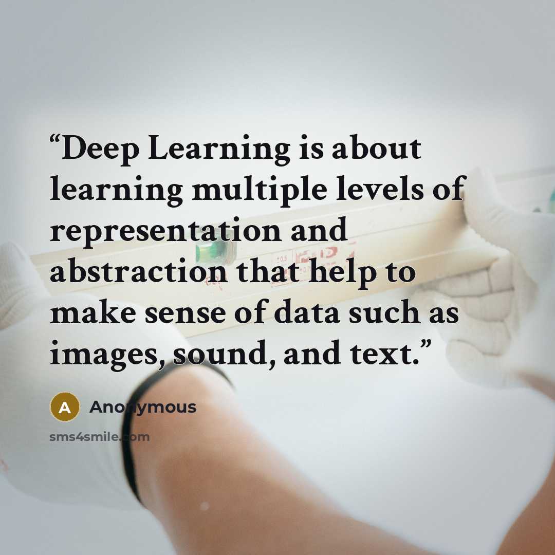 “Deep Learning is about learning multiple levels of representation and abstraction that help to make sense of data such as images, sound, and text.” quote by Anonymous