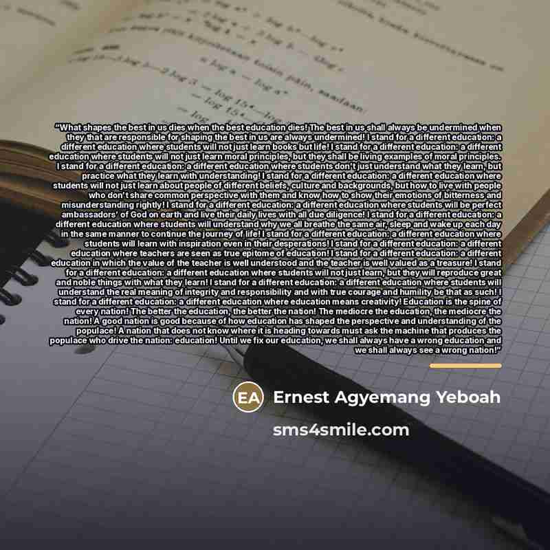 “What shapes the best in us dies when the best education dies! The best in us shall always be undermined when they that are responsible for shaping the best in us are always undermined! I stand for a different education: a different education where students will not just learn books but life! I…” quote by Ernest Agyemang Yeboah