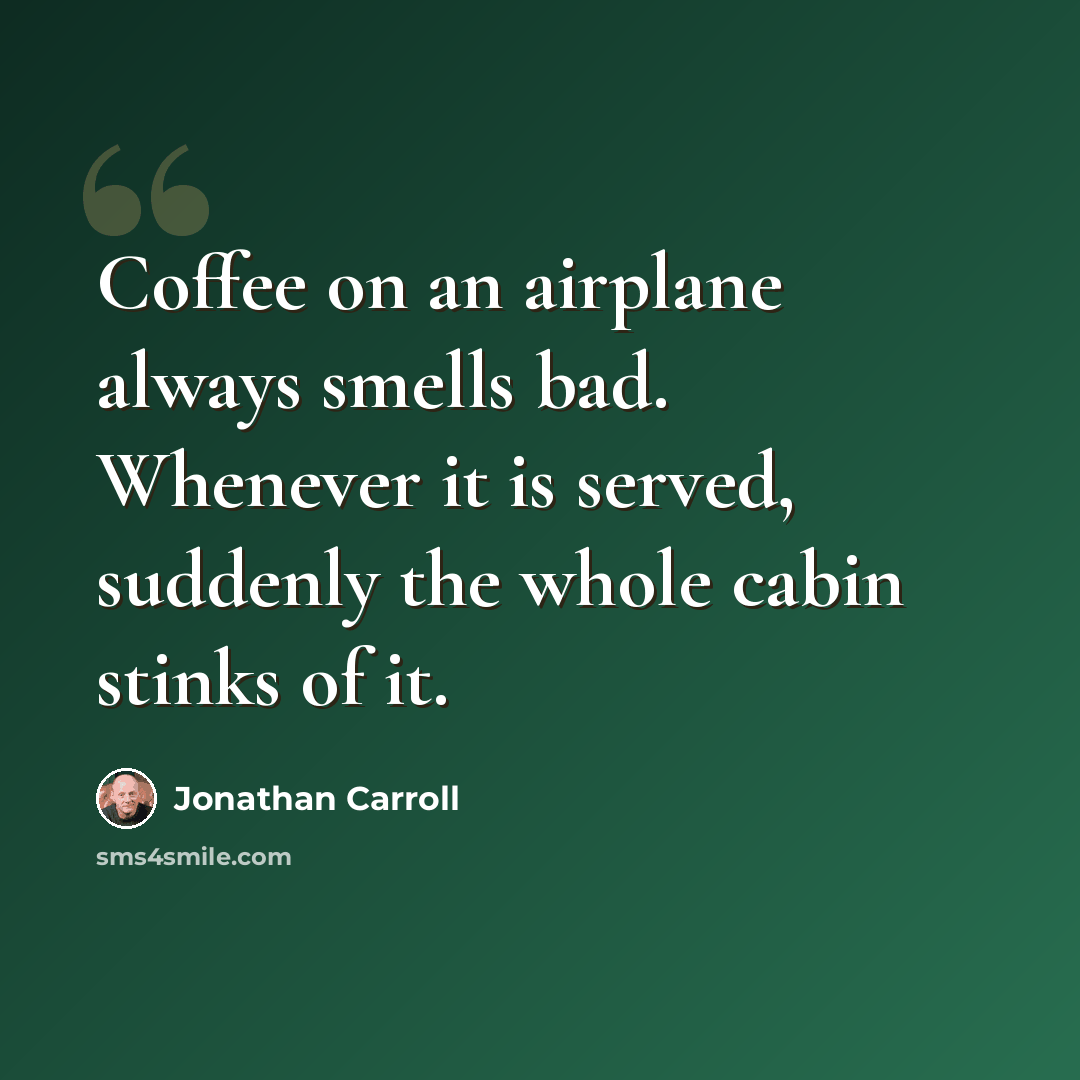 “Coffee on an airplane always smells bad. Whenever it is served, suddenly the whole cabin stinks of it.” quote by Jonathan Carroll
