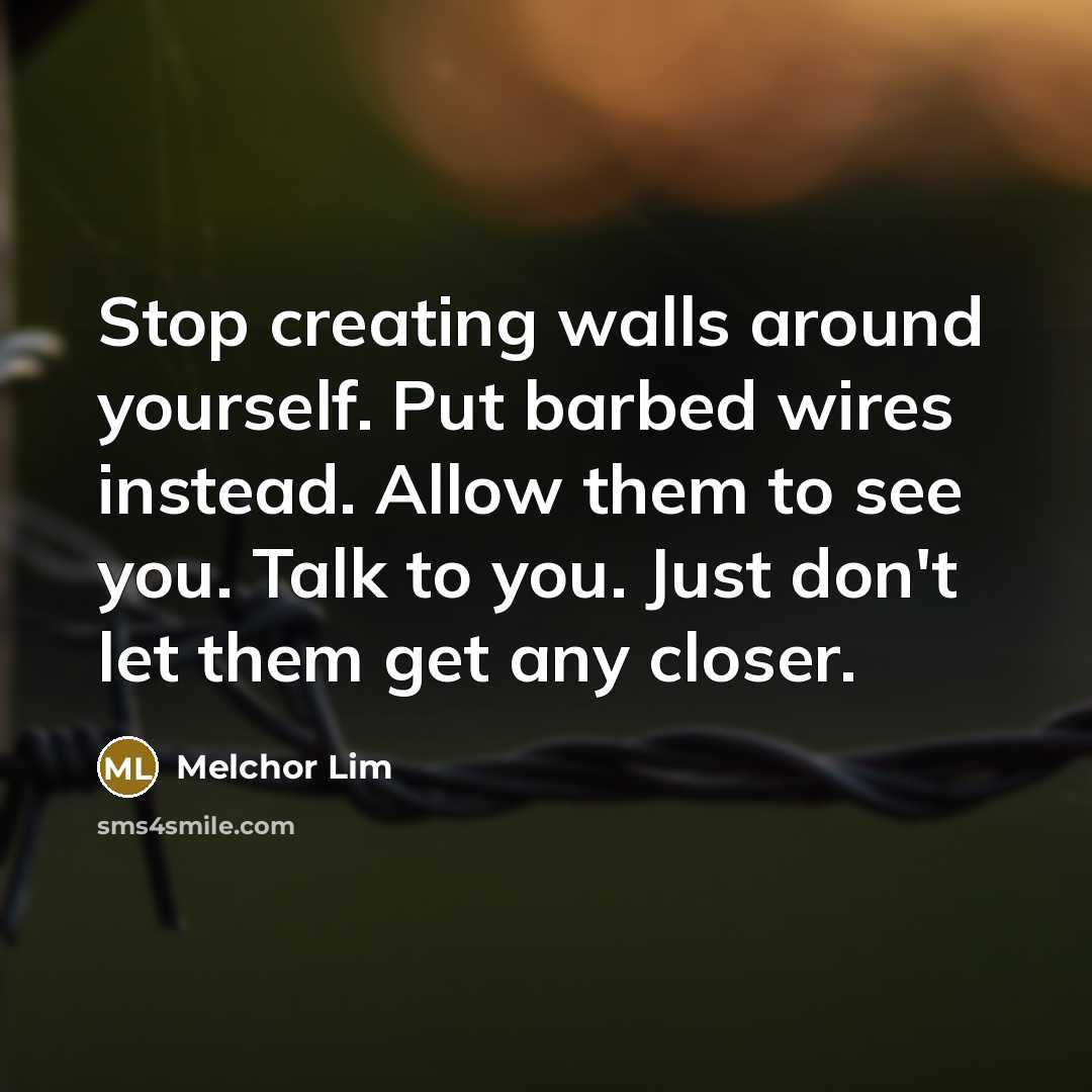 “Stop creating walls around yourself. Put barbed wires instead. Allow them to see you. Talk to you. Just don't let them get any closer.” quote by Melchor Lim