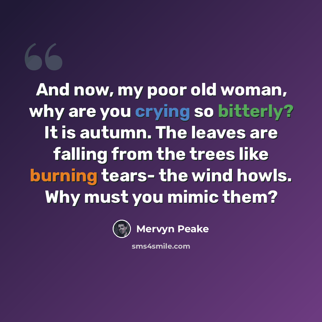 “And now, my poor old woman, why are you crying so bitterly? It is autumn. The leaves are falling from the trees like burning tears- the wind howls. Why must you mimic them?” quote by Mervyn Peake