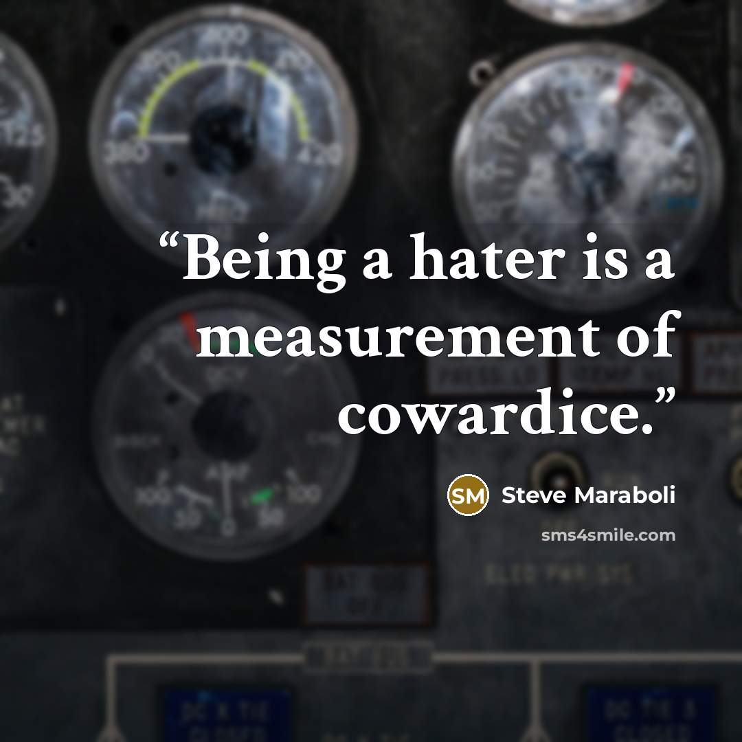 “Being a hater is a measurement of cowardice.” quote by Steve Maraboli