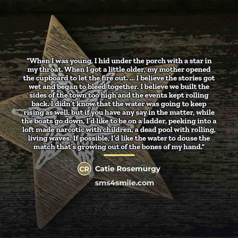 “When I was young, I hid under the porch with a star in my throat. When I got a little older, my mother opened the cupboard to let the fire out. ... I believe the stories got wet and began to bleed together. I believe we built the sides of the town too high and the events kept rolling back. I…” quote by Catie Rosemurgy