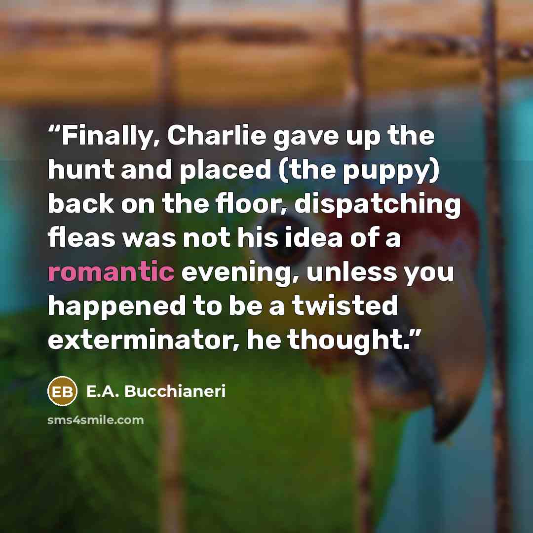 “Finally, Charlie gave up the hunt and placed (the puppy) back on the floor, dispatching fleas was not his idea of a romantic evening, unless you happened to be a twisted exterminator, he thought.” quote by E.A. Bucchianeri