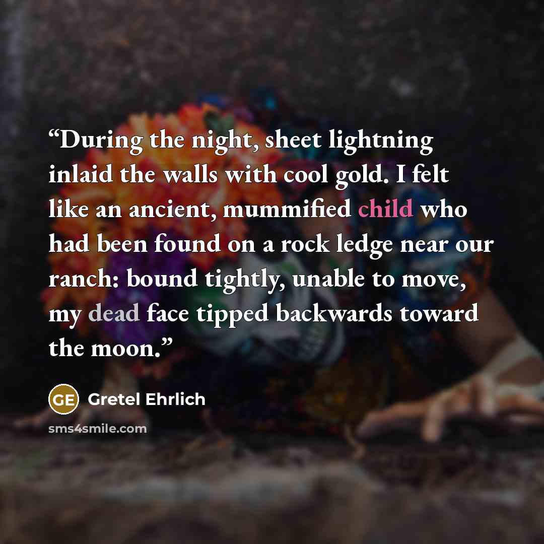“During the night, sheet lightning inlaid the walls with cool gold. I felt like an ancient, mummified child who had been found on a rock ledge near our ranch: bound tightly, unable to move, my dead face tipped backwards toward the moon.” quote by Gretel Ehrlich