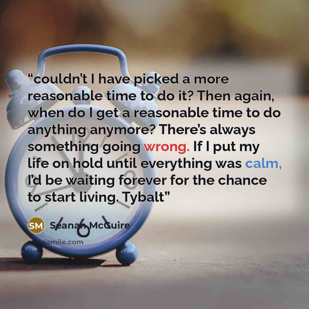 “couldn’t I have picked a more reasonable time to do it? Then again, when do I get a reasonable time to do anything anymore? There’s always something going wrong. If I put my life on hold until everything was calm, I’d be waiting forever for the chance to start living. Tybalt” quote by Seanan McGuire