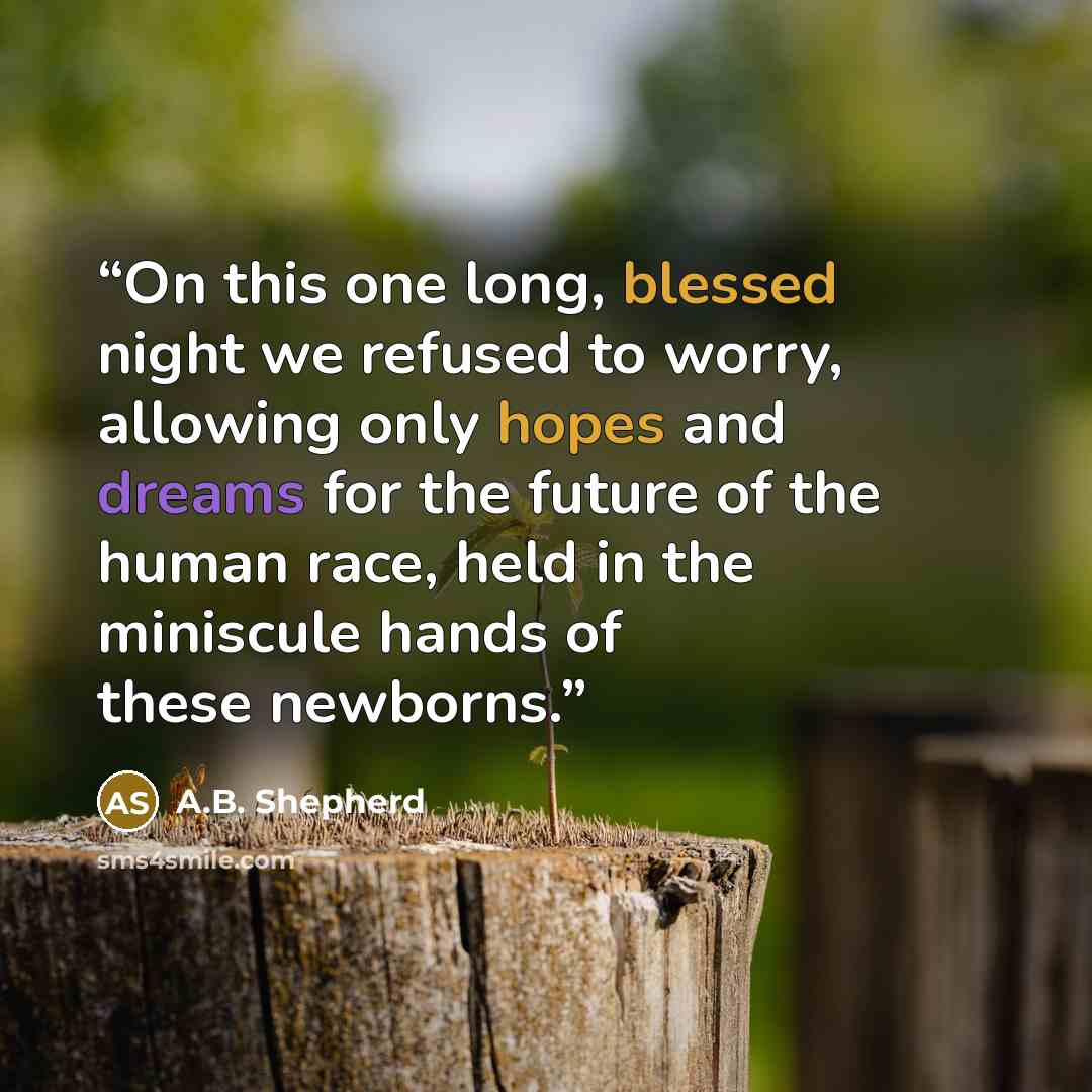 “On this one long, blessed night we refused to worry, allowing only hopes and dreams for the future of the human race, held in the miniscule hands of these newborns.” quote by A.B. Shepherd