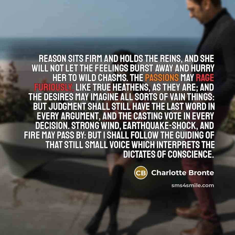 “Reason sits firm and holds the reins, and she will not let the feelings burst away and hurry her to wild chasms. The passions may rage furiously, like true heathens, as they are; and the desires may imagine all sorts of vain things: but judgment shall still have the last word in every argument…” quote by Charlotte Bronte