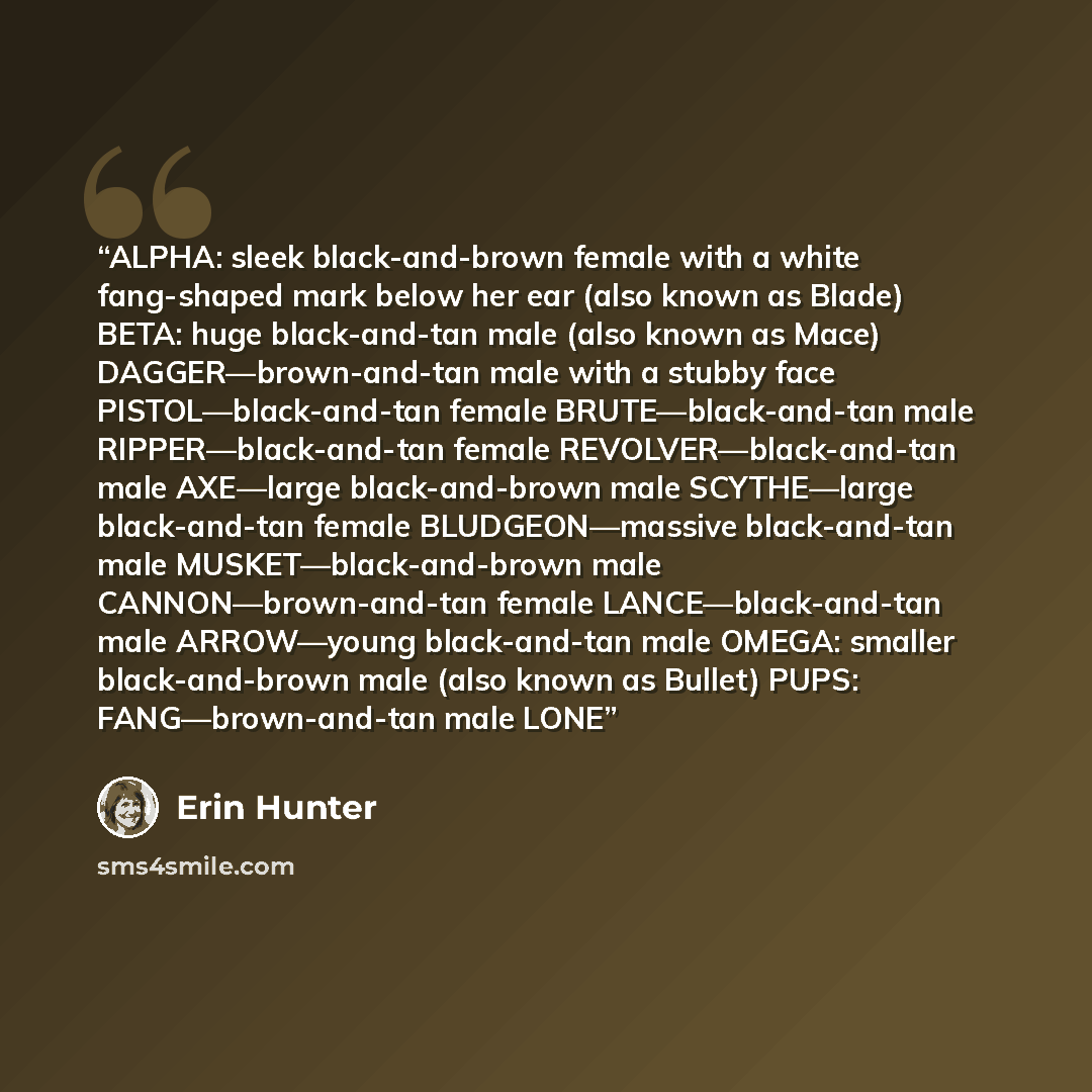 “ALPHA: sleek black-and-brown female with a white fang-shaped mark below her ear (also known as Blade) BETA: huge black-and-tan male (also known as Mace) DAGGER—brown-and-tan male with a stubby face PISTOL—black-and-tan female BRUTE—black-and-tan male RIPPER—black-and-tan female…” quote by Erin Hunter